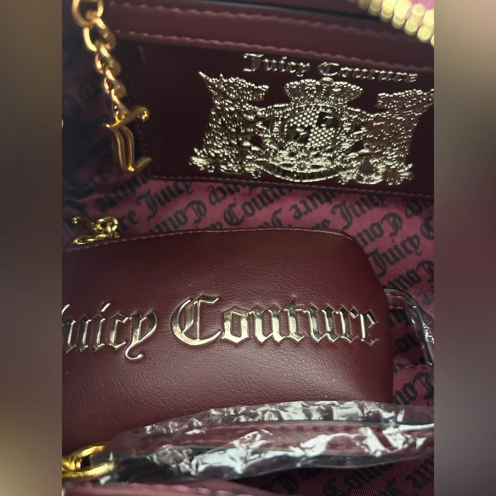 Juicy Couture UK burgundy leather Scottie Dog crest Bowler Bag Wallet Set